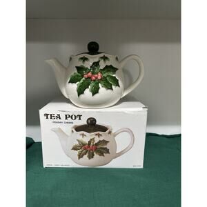 Vintage Otagiri Mary Ann Baker Teapot Christmas Holly Berries Embossed w/ Box